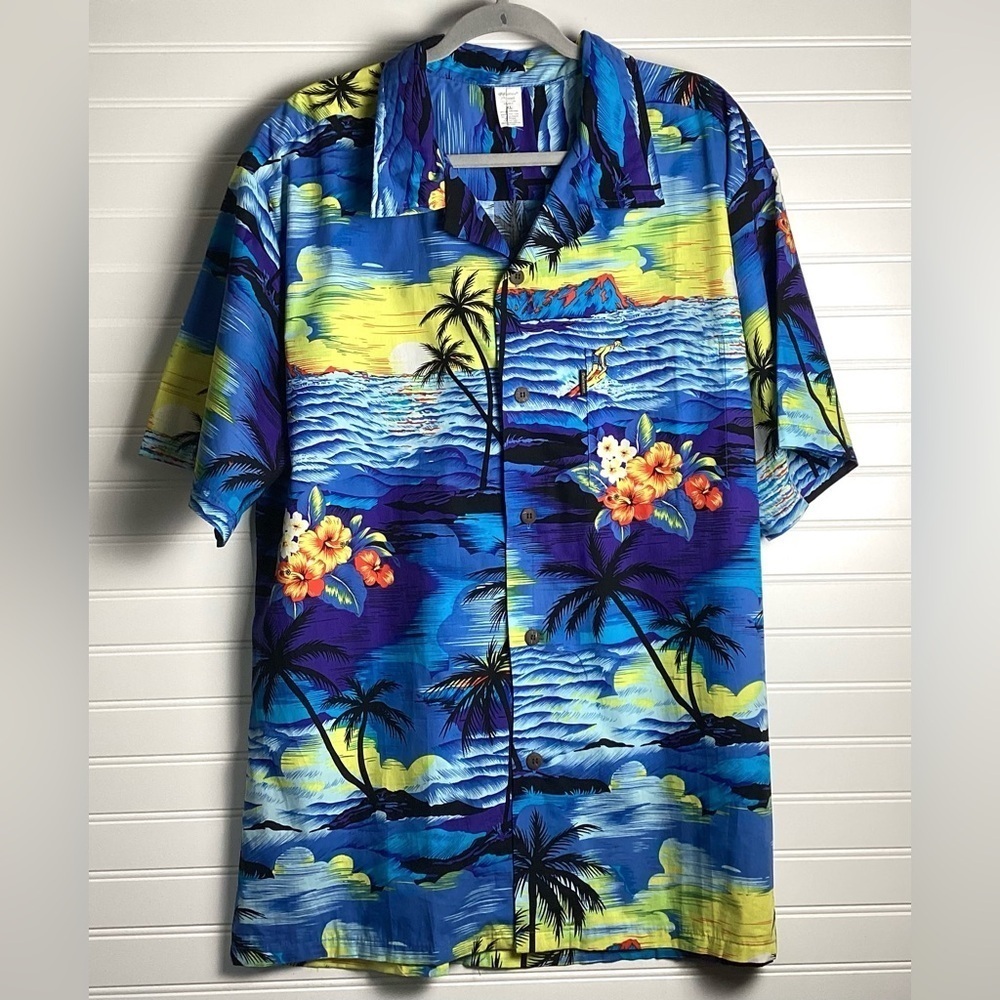 Vintage Palmwave Hawaiian Shirt XL Beach Surfer Sunset Floral Multicolor blue